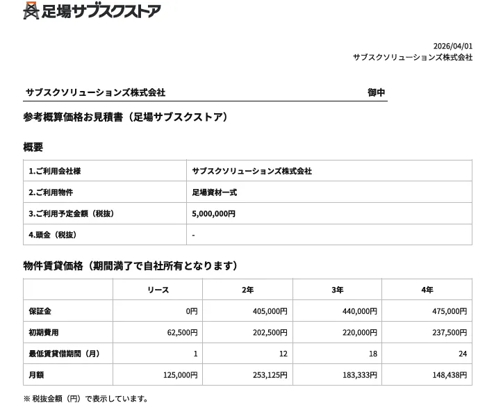 部材価格500万円のリース表プレビュー